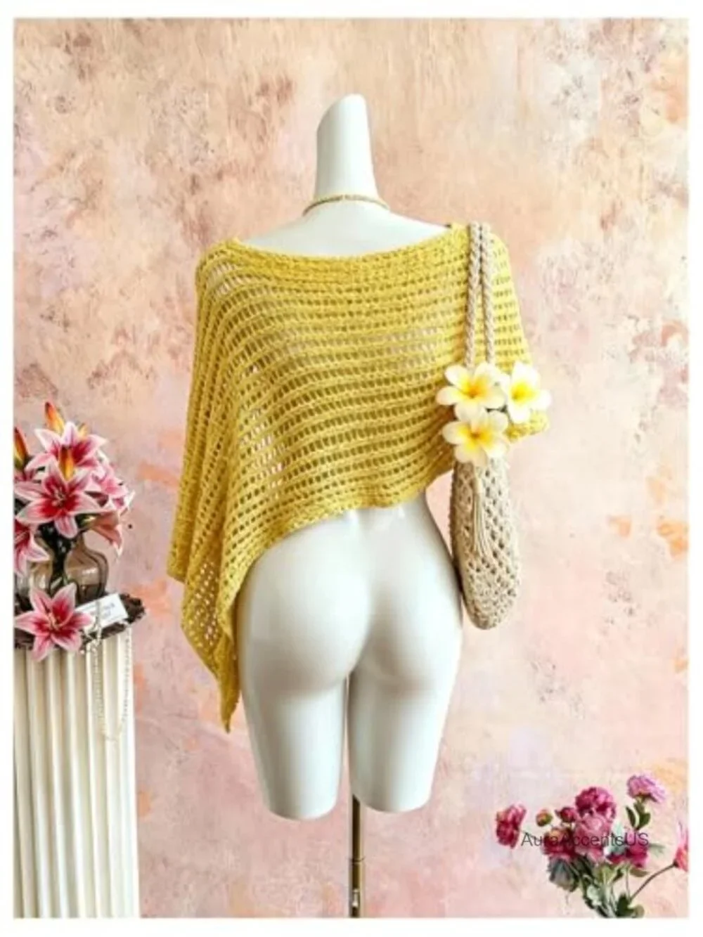 Women's Crochet Poncho Sweater Hollow Out Sheer Bat Wing Cape Lightweight